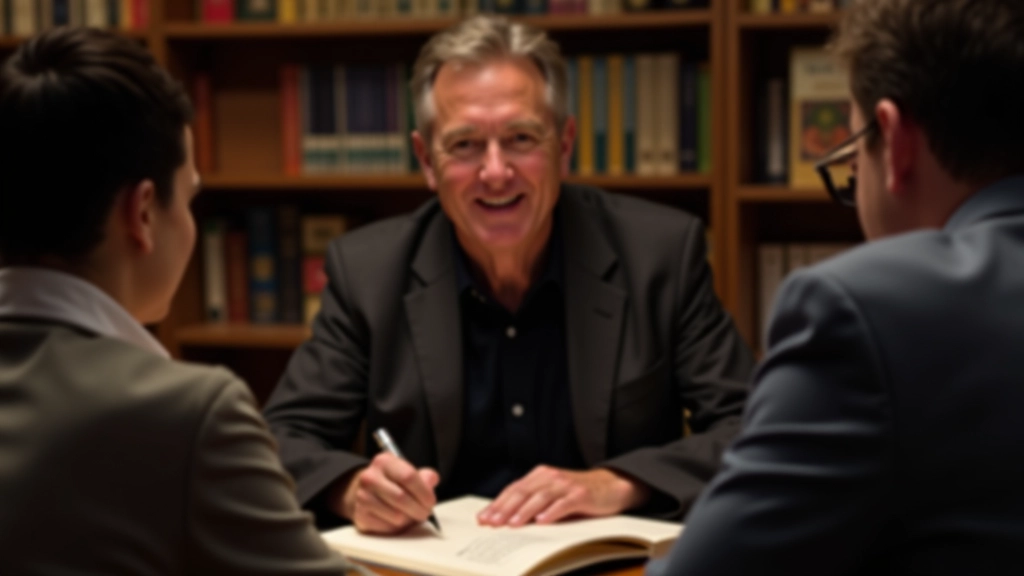 Author at book signing table with reader, personalized inscription being written, warm focused lighting
