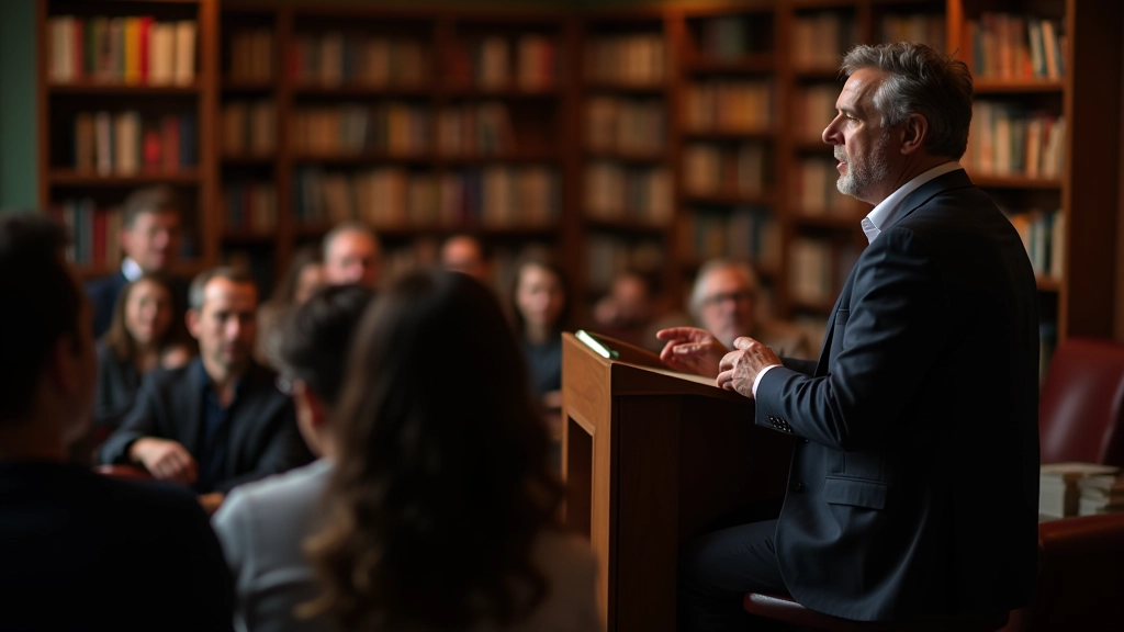 Cozy bookstore interior with author speaking to seated audience, warm lighting, wooden shelves