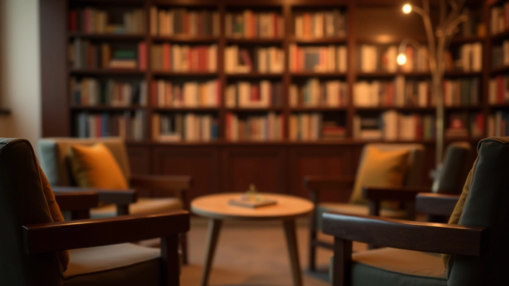 Cozy library reading nook with comfortable seating, warm lighting, and bookshelves in background