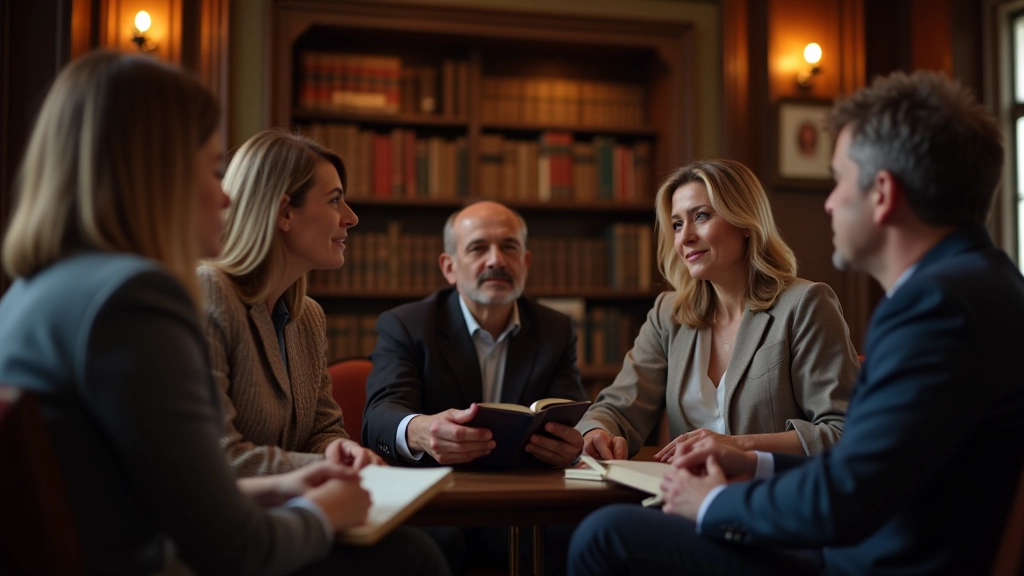 Group of mature adults seated in library discussion circle, engaged in conversation around books