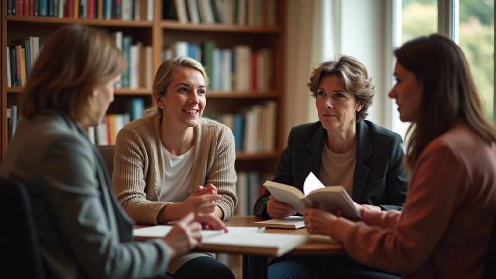 Group of people sitting in a circle in a library, reading books and discussing, warm natural lighting, comfortable atmosphere