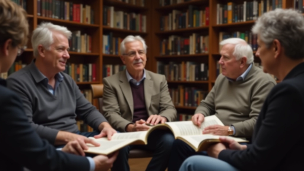 Group of mature adults sitting in a circle during a book discussion, holding open books, library setting with bookshelves