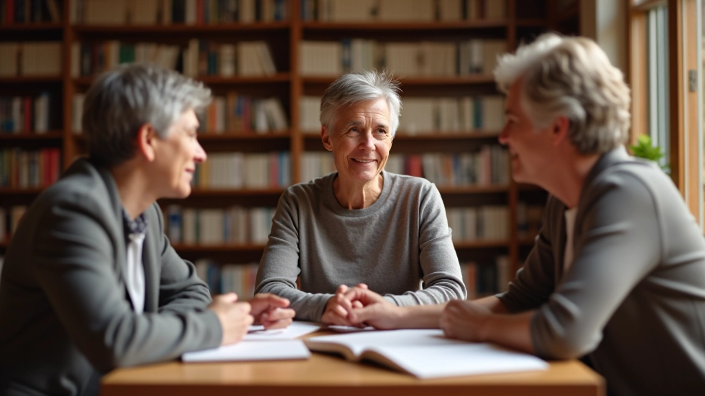 Three people of different ages sitting around a table with open books and coffee cups, having an animated discussion in a cozy library room