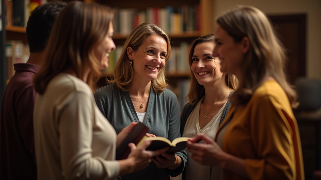 Group of readers chatting together at bookstore event, diverse women smiling and holding books