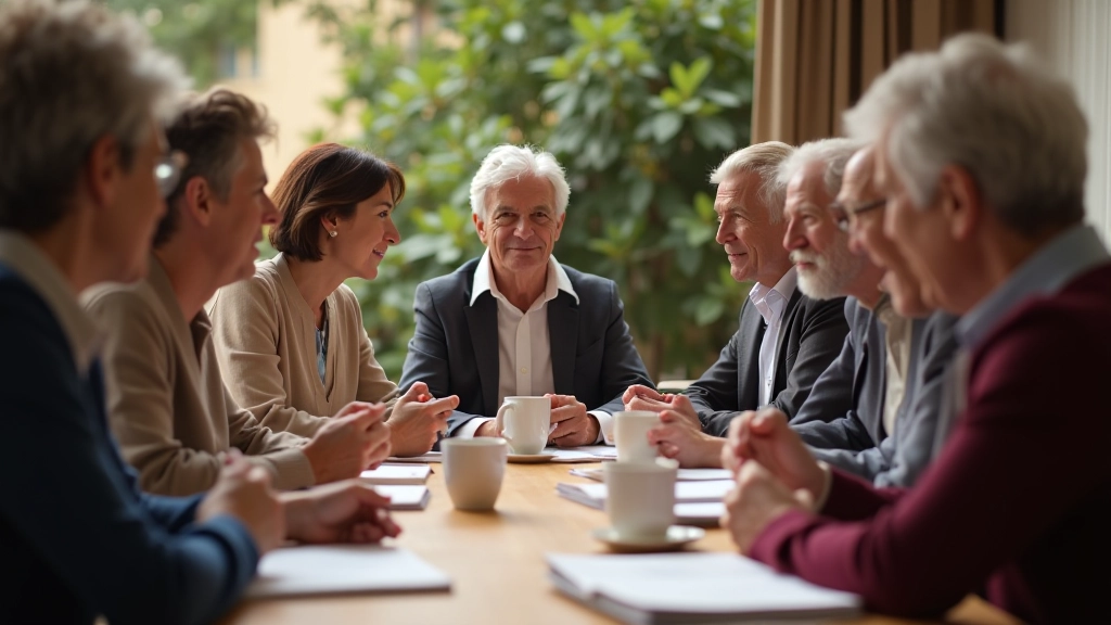 Group of diverse adults engaged in a lively book discussion at a wooden table surrounded by literature and refreshments