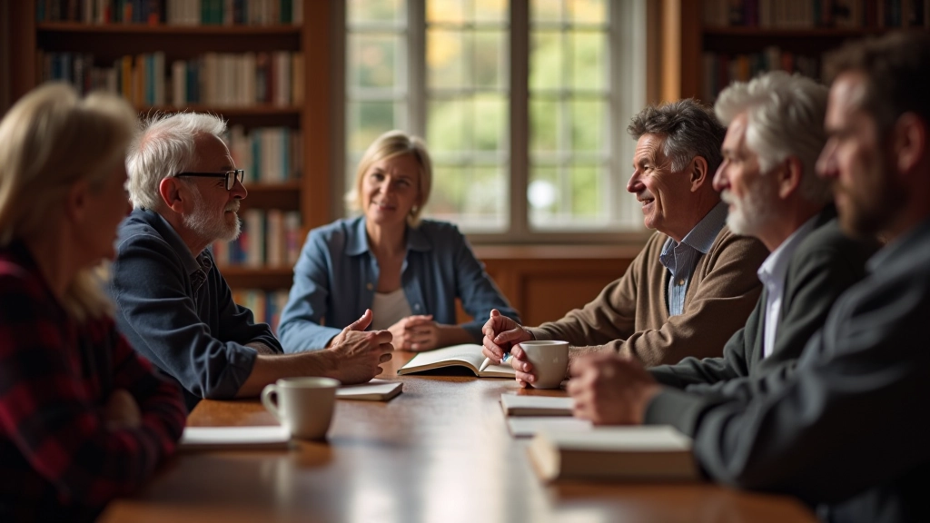 Group of mature adults engaged in lively book discussion at library table with books and coffee cups