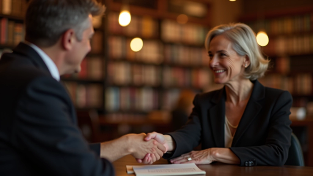 Mature woman at book signing event shaking hands with an author, bookstore setting with shelves in background
