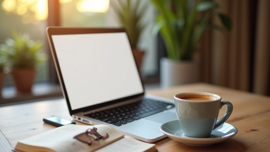 Laptop displaying creative writing document with coffee cup beside it on desk