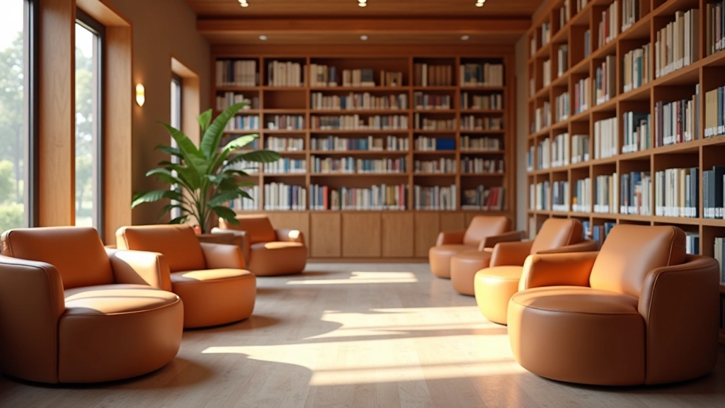 Modern library interior with contemporary reading area, comfortable seating, and natural light from large windows