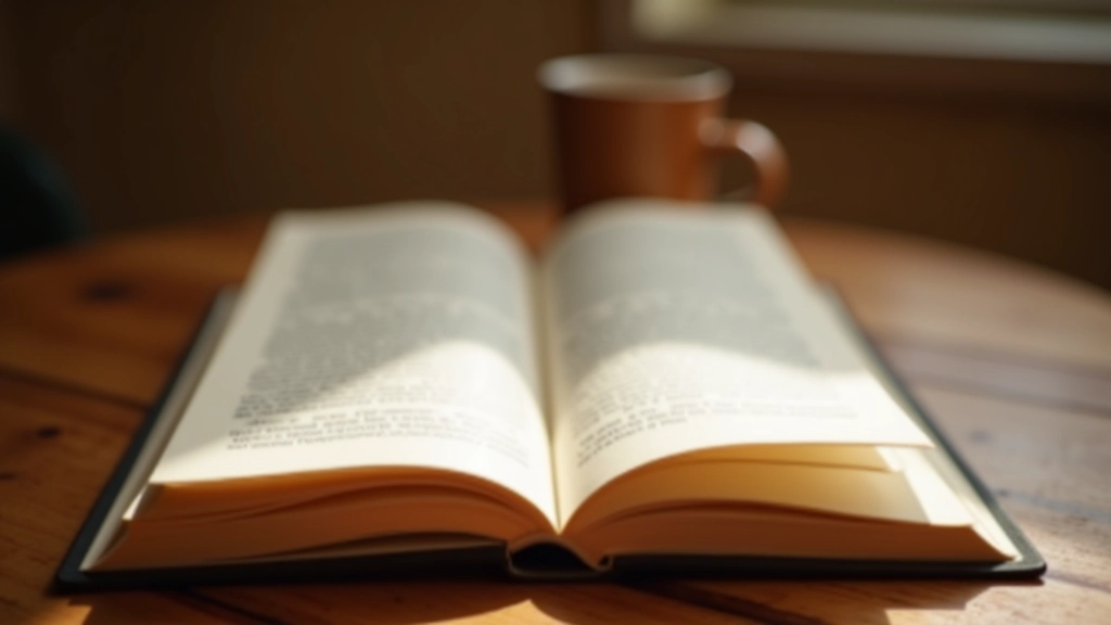 Close-up of open book with handwritten notes and coffee cup on side table in reading nook