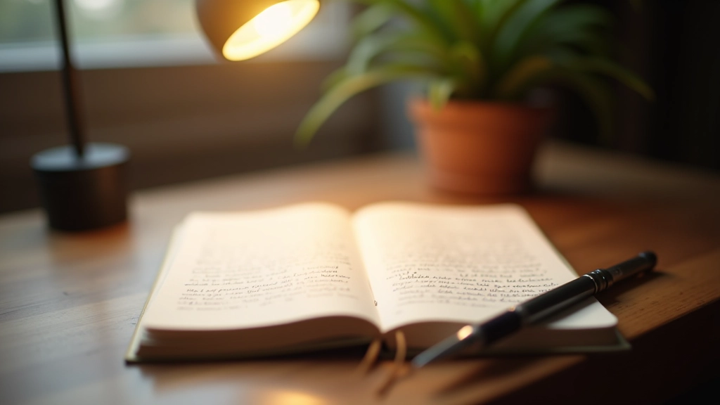 Open notebook with handwritten creative writing, pen resting on page, desk with lamp and houseplant