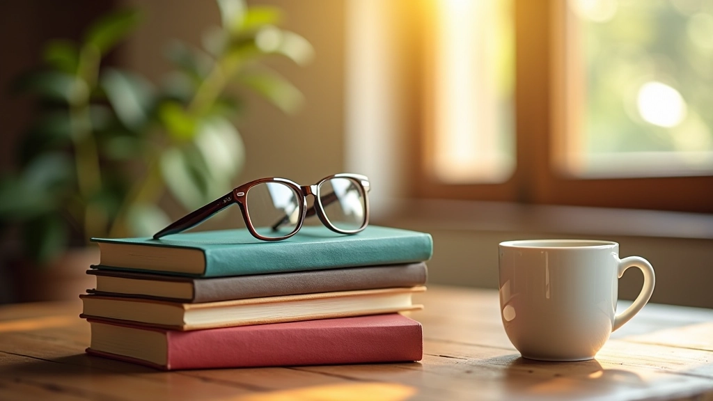 Stack of colorful hardcover books on wooden surface with soft lighting