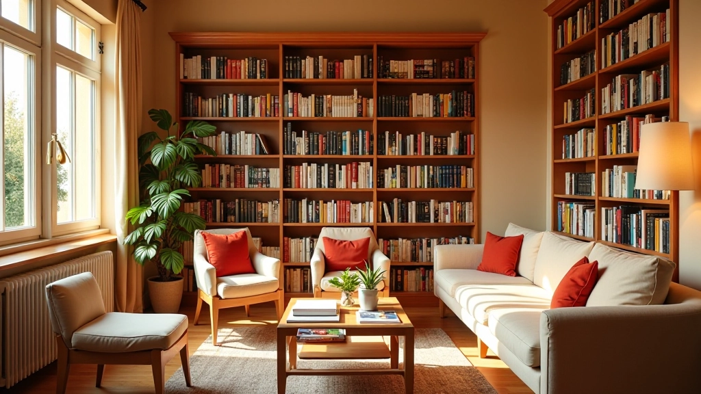 Cozy Portuguese library setting with comfortable reading chairs, bookshelves, warm lighting, and reading materials arranged invitingly