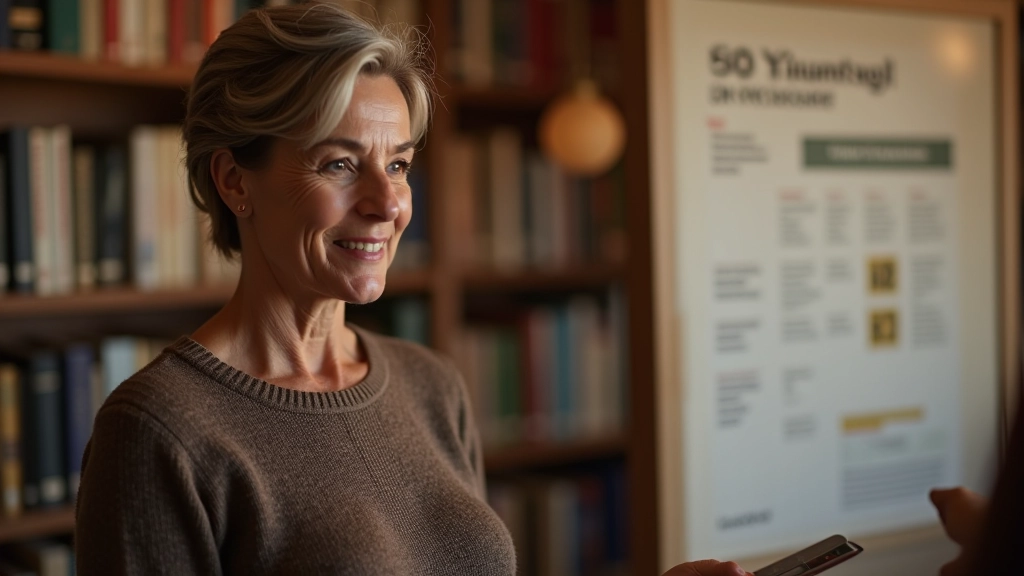 Woman aged 50 looking at wall-mounted library event calendar, pointing at upcoming dates