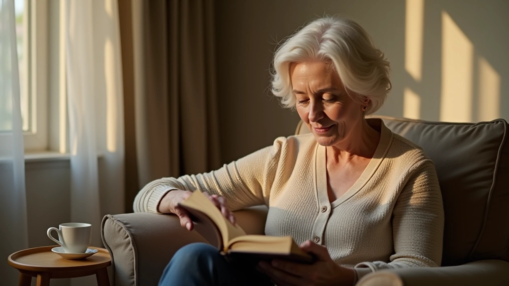 Woman reading book at home, comfortable setting with tea cup, afternoon natural light from window