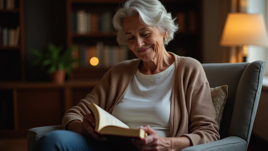 Woman holding signed book at home, reading inscription with warm expression, peaceful moment