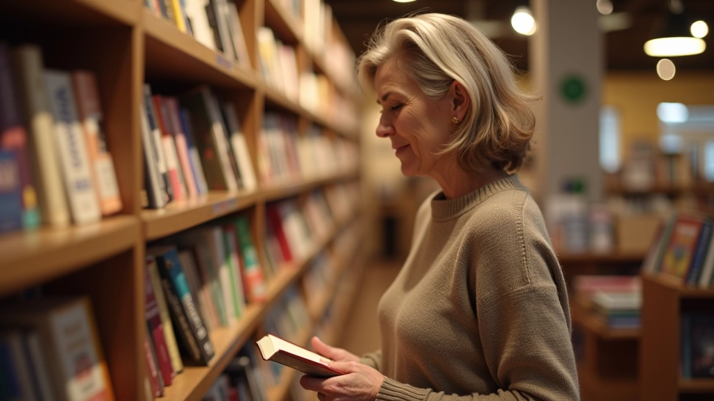 Woman browsing books in a well-lit independent bookstore, smiling at the camera, shelves of colorful books visible in background